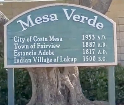 Mesa Verde neighborhood sign in Costa Mesa California